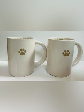NEW!! Embossed “Dog” And “Cat” Parent Stoneware Mug Set With Paw Motif -(NWT)